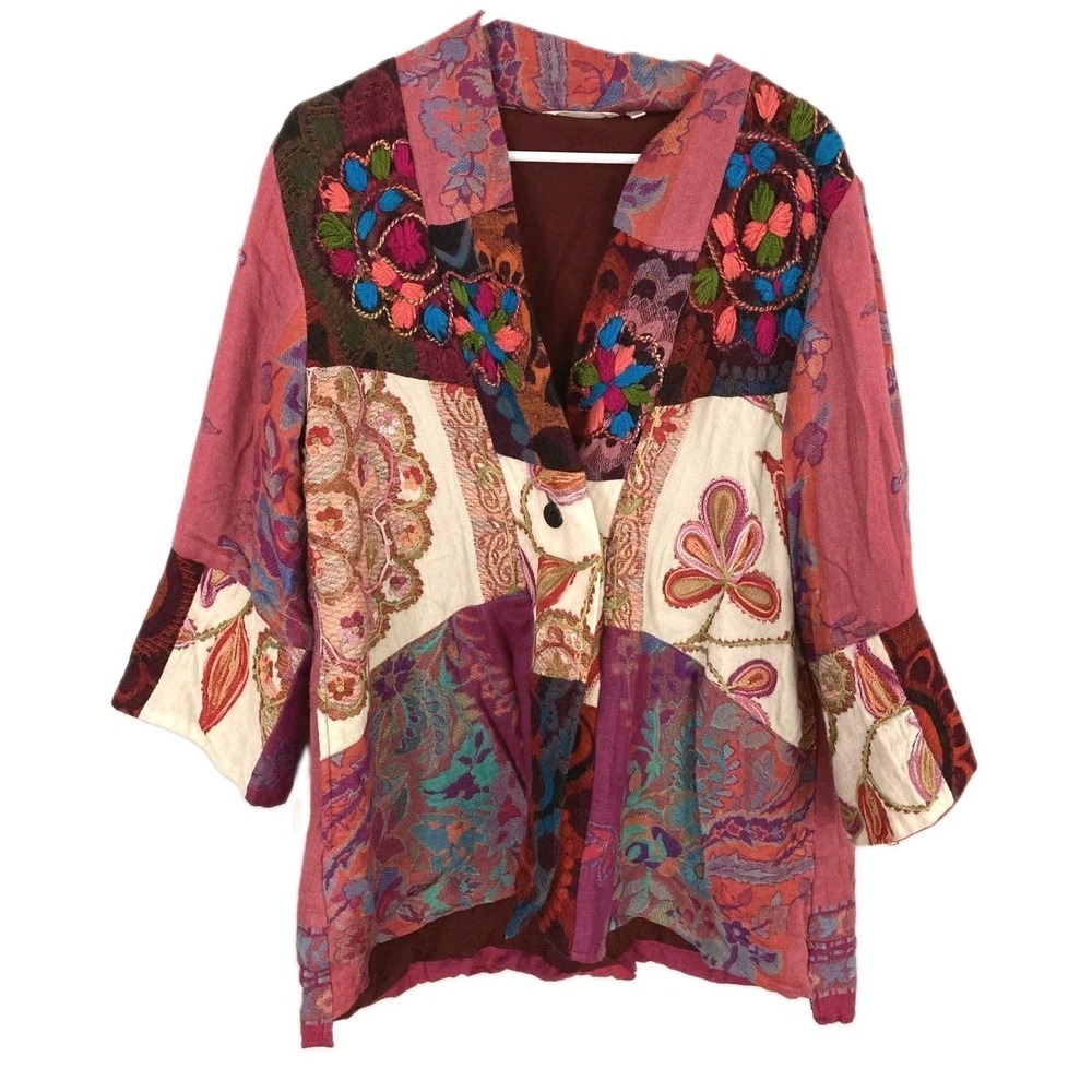Soft Surroundings Cardigan Women XL Embroidered Knit Floral Patchwork Boho